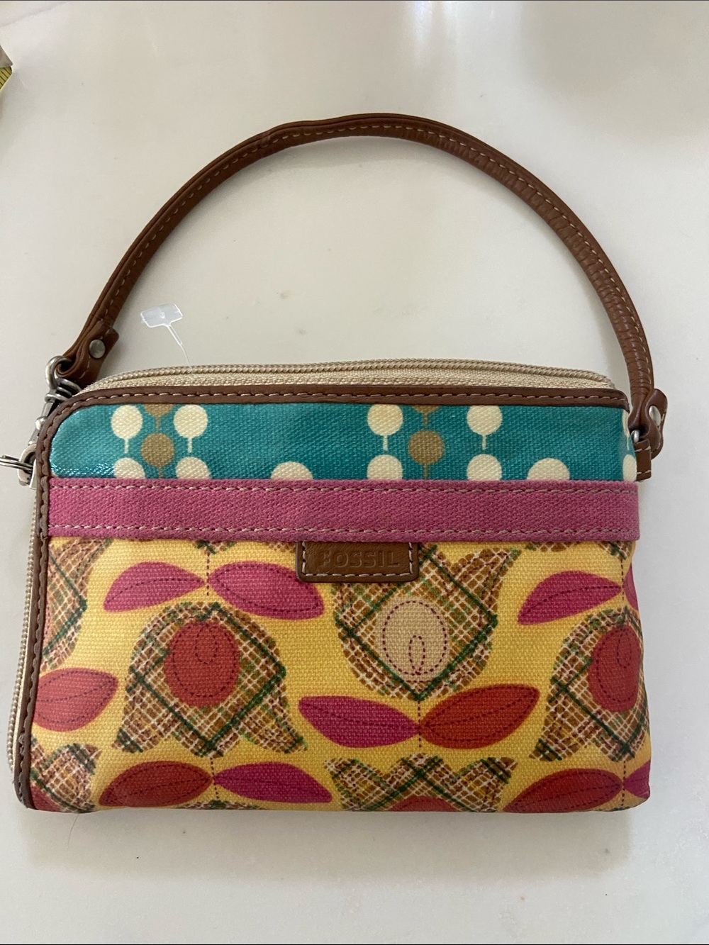 Fossil Yellow, Pink & Teal Patterned Canvas Wristlet